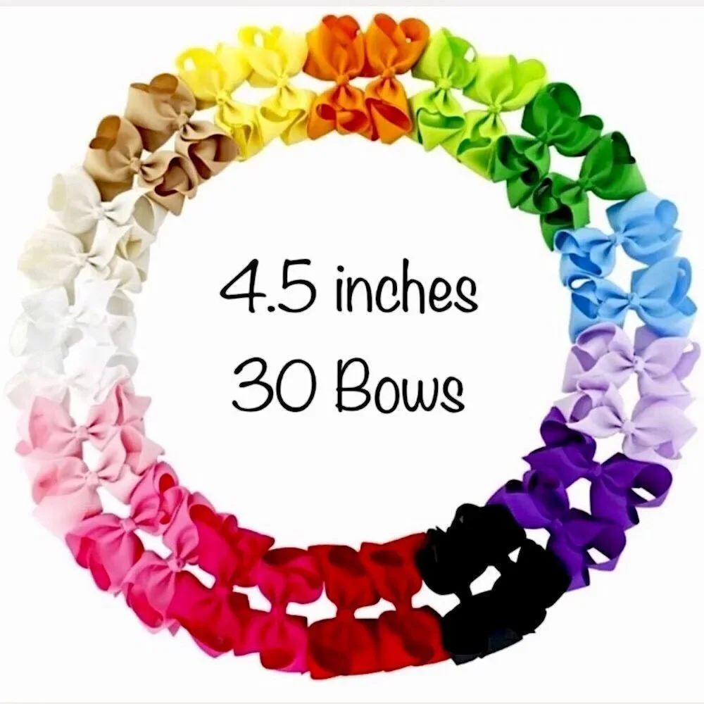 30 Rainbow Color Hair Bows - 4.5 inch Bows with Alligator Clips